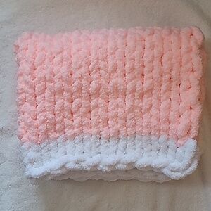 Hand Knitted Pink and White Baby Blanket